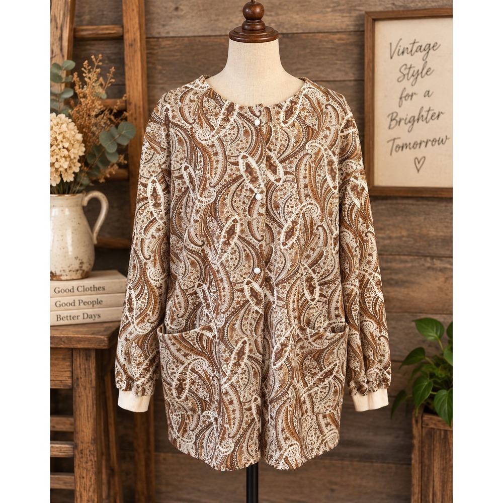 VTG 80s 90s Haband Paisley Cardigan Large Brown Cream Grandpa Core Cottagecore